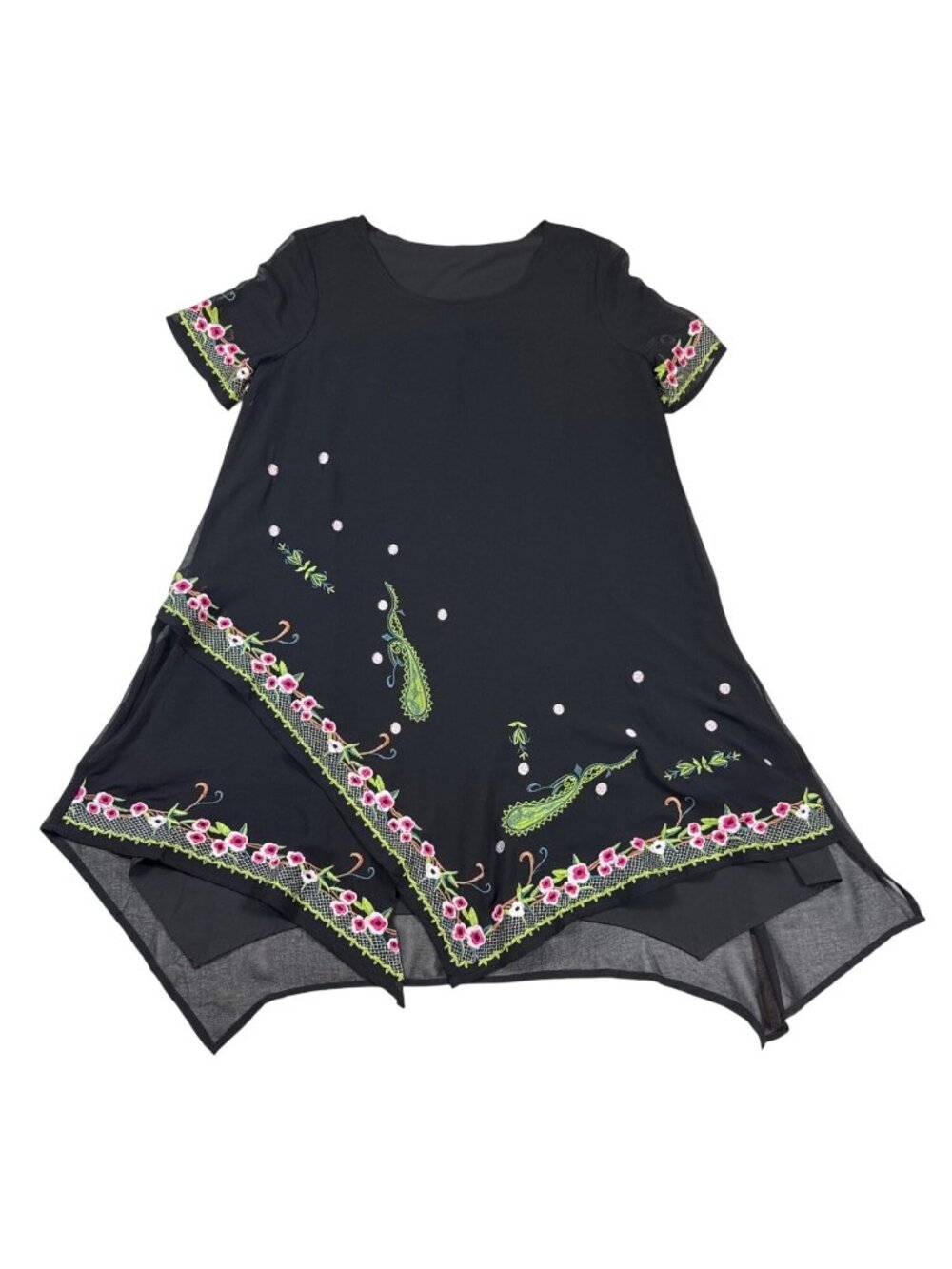 Black Tunic dress Floral & Paisley Embroidery Asymmetrical Hem Large (i701) - Picture 1 of 6